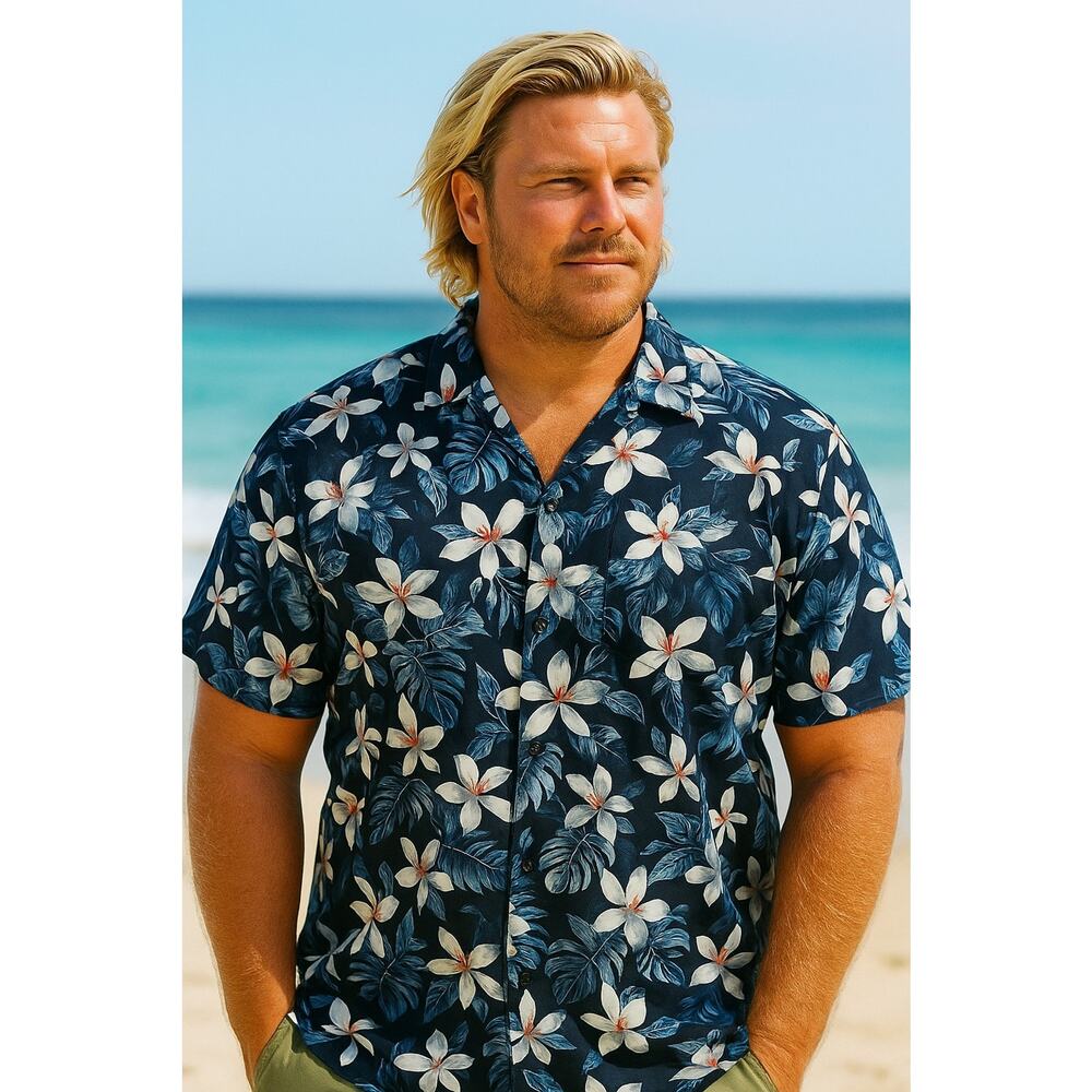 Fashion Nova Mens Navy Tropical Cuban Button Up Shirt 2XL NWT